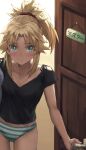  1girl ass_visible_through_thighs black_shirt blonde_hair blue_eyes blush breasts expressionless fate/apocrypha fate_(series) groin highres looking_at_viewer midriff mordred_(fate) no_pants panties ponytail red_scrunchie scrunchie shirt small_breasts solo striped striped_panties t-shirt tonee underwear 