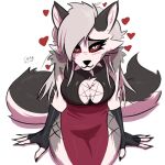  &lt;3 anthro biped black_body black_fur blush bottomwear breasts canid canid_demon capaoculta cleavage clothed clothing countershade_tail countershading demon female fur grey_body grey_eyes grey_fur hellhound helluva_boss hi_res loona_(helluva_boss) mammal pentagram red_sclera skirt solo white_body white_fur 