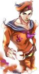  1boy black_hair blue_eyes blurry bubble depth_of_field dixie_cup_hat green_lips hat higashikata_josuke_(jojolion) highres jojo_no_kimyou_na_bouken jojolion military_hat orange_headwear orange_pants orange_shirt pants sailor samuraisamurai shirt solo 