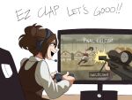  1girl brown_hair controller disembodied_head english_text eren_yeager gabi_braun game_console game_controller headset highres holding holding_controller holding_game_controller parody playing_games ponytail shingeki_no_kyojin solo television tina_fate xbox_series_x 