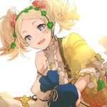 1girl basket blonde_hair blue_eyes blush fire_emblem fire_emblem_awakening fire_emblem_heroes flower gift gift_bag hair_flower hair_ornament highres holding holding_basket holding_gift lissa_(fire_emblem) looking_at_viewer official_alternate_costume open_mouth sanoyo_fe solo twintails upper_body white_background 