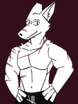  3:4 anthro biceps black_bottomwear black_clothing black_pants bottomwear canid canine canis clipped_ear clothing crocdude101 eyebrows forearms fur hands_on_hips hi_res humanoid lineless lineless_background male mammal monochrome_fur muscular muscular_male navel pants pecs portrait red_background scar simple_background solo standing white_body white_eyes white_fur wolf 