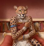  anthro bandage book cheetah felid feline fur hi_res jewelry khay_(titusw) male mammal necklace nude solo spots spotted_body spotted_fur titusw 