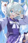  1girl absurdres animal_ears blue_eyes blush cat cloud cloudy_sky commentary_request hair_ornament highres horse_ears horse_girl kagami_(haret46) looking_at_viewer one_eye_closed open_mouth school_uniform seiun_sky_(umamusume) selfie short_hair silver_hair sky solo tracen_school_uniform umamusume 
