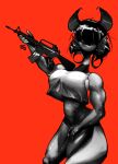  2022 anthro assault_rifle awr_hey breasts clothed clothing covered_eyes digital_media_(artwork) dragon ear_piercing female flesh_tunnel gauged_ear gun hair hi_res holding_object holding_weapon horn m16 muscular muscular_female piercing ranged_weapon red_background rifle simple_background solo topwear weapon zoe_(awr_hey) 