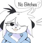 2022 anthro black_ears black_eyebrows black_eyes black_nose blep blue_clothing blue_hoodie blue_topwear canid canine canis clothed clothing cute_fangs dialogue digital_media_(artwork) domestic_dog english_text eyebrows female fur hair hair_over_eye headshot_portrait hoodie humor mammal no_bitches? one_eye_obstructed ponytail portrait profanity puppychan puppychan48 simple_background smile solo speech_bubble talking_to_viewer text tongue tongue_out topwear white_background white_body white_fur 