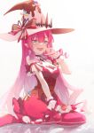  1girl :d boots bow corset fairy_knight_tristan_(fate) fairy_knight_tristan_(valentine_witches)_(fate) fang fate/grand_order fate_(series) food-themed_clothes full_body grey_eyes hat hat_bow heart highres kneeling ling_huanxiang long_hair looking_at_viewer multicolored_bow open_mouth pink_hair pink_headwear red_footwear red_skirt simple_background skirt smile solo striped striped_bow thigh_boots thighhighs white_background witch_hat wrist_cuffs 
