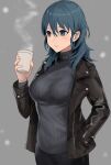  1girl alternate_costume black_jacket black_pants black_sweater blue_eyes blue_hair breasts byleth_(fire_emblem) byleth_(fire_emblem)_(female) coffee cup expressionless fire_emblem fire_emblem:_three_houses haru_(nakajou-28) highres holding holding_cup jacket large_breasts long_sleeves looking_away medium_hair open_clothes open_jacket pants ribbed_sweater simple_background solo steam sweater turtleneck turtleneck_sweater 