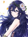  1girl bangs bare_shoulders blue_eyes blue_hair closed_mouth dress fire_emblem fire_emblem_awakening fire_emblem_heroes flower hair_between_eyes hair_flower hair_ornament highres long_hair lucina_(fire_emblem) misato_hao official_alternate_costume petals smile solo symbol-shaped_pupils symbol_in_eye upper_body very_long_hair white_background white_dress 