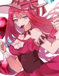  1girl arisawa balloon blue_eyes bow chocolate corset fairy_knight_tristan_(fate) fairy_knight_tristan_(valentine_witches)_(fate) fate/grand_order fate_(series) hat hat_bow heart_balloon holding holding_balloon jewelry long_hair mouth_hold multicolored_bow necklace pink_headwear pink_skirt red_hair skirt solo striped striped_bow upper_body white_background witch_hat wrist_cuffs 
