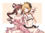  2girls ;/ animal_ears antenna_hair arknights arm_strap arm_up armpits bangs bare_shoulders bikini blonde_hair blush border breasts brown_hair choker cleavage closed_mouth collarbone demon_girl demon_horns demon_tail detached_sleeves dress eyebrows_visible_through_hair eyjafjalla_(arknights) eyjafjalla_(summer_flowers)_(arknights) feathers flower goat_ears goat_girl goat_horns hair_bun hair_flower hair_ornament hibiscus highres holding_hands horns ifrit_(arknights) ifrit_(sunburn)_(arknights) looking_at_viewer mabing motion_lines multiple_girls navel official_alternate_costume orange_background orange_eyes oripathy_lesion_(arknights) outside_border parted_bangs pink_bikini pink_flower purple_eyes red_choker short_hair short_sleeves side_ponytail simple_background sitting small_breasts stomach strapless strapless_bikini swimsuit swimsuit_cover-up tail white_border white_dress 
