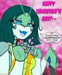  &lt;3 2022 antennae_(anatomy) anthro arthropod breasts clothing collar emerald_(viroveteruscy) english_text female gesture green_hair hair hi_res holidays if_hell_had_a_taste insect mantis non-mammal_breasts open_mouth solo speech_bubble suggestive suggestive_gesture text valentine&#039;s_day viroveteruscy 