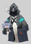  1girl 1other animal_ears arknights bangs black_gloves black_jacket blue_hair cat_ears cat_tail crying crying_with_eyes_open doctor_(arknights) gloves grey_background gun handgun holding holding_gun holding_person holding_weapon hood hooded_jacket jacket jessica_(arknights) long_hair long_sleeves odmised open_clothes open_jacket open_mouth pistol ponytail shirt simple_background sweatdrop tail tears upper_body weapon 