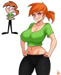  1girl breasts cameltoe earrings evil_grin evil_smile grin hands_on_hips highres jewelry jmg large_breasts looking_at_viewer midriff navel orange_hair ponytail short_hair signature simple_background smile solo the_fairly_oddparents vicky_(fop) white_background 