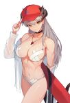  1girl alternate_costume arknights bare_shoulders baseball_cap bikini black_choker breasts choker cleavage closed_mouth collarbone cowboy_shot dragon_horns earrings hand_on_headwear hat highres horns innertube jason_kim jewelry large_breasts long_hair long_sleeves looking_at_viewer navel open_clothes open_shirt orange_eyes red_headwear saria_(arknights) shirt silver_hair simple_background solo stomach stud_earrings swimsuit toned very_long_hair whistle whistle_around_neck white_background white_bikini white_shirt 