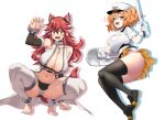  2girls animal_ears ass bangs black_legwear blush breasts cerberus_(last_origin) claw_pose cleavage covered_nipples detached_sleeves dog_ears dog_girl dog_tail drooling fenrir_(last_origin) gloves hair_between_eyes hat heart highres holding huge_breasts last_origin long_hair looking_at_viewer mouth_drool multicolored_hair multiple_girls open_mouth orange_hair panties red_eyes red_hair shield short_sleeves simple_background skirt squatting tail thighhighs two_side_up underwear white_background white_gloves white_hair white_panties whoosaku yellow_eyes 