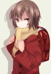  1girl adjusting_strap backpack bag bangs boku_dake_ga_inai_machi brown_eyes brown_hair closed_mouth coat commentary curled_fingers drop_shadow expressionless from_side highres hinazuki_kayo holding_strap kasyo long_hair long_sleeves looking_at_viewer looking_to_the_side narrowed_eyes randoseru red_bag red_coat scarf school_bag short_hair solo upper_body white_background yellow_scarf 