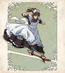  1girl apron bow brown_hair closed_eyes frilled_skirt frills jumping long_skirt maid maid_apron maid_headdress original shoes skateboard skateboarding skirt smith_grind sneakers solo suzushiro_(suzushiro333) 