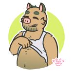  1:1 anthro belly body_hair chest_hair clothing eyes_closed facial_hair fur hi_res male mammal pink_marky removing_shirt simple_background slightly_chubby smile solo suid suina sus_(pig) undressing white_background wild_boar 