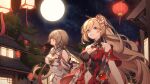  2girls architecture bangs bare_shoulders bianka_durandal_ataegina blonde_hair blue_eyes breasts brown_dress brown_hair china_dress chinese_clothes chinese_new_year cleavage de_da_xianyu dress east_asian_architecture flower full_body full_moon hair_flower hair_ornament highres honkai_(series) honkai_impact_3rd lantern moon multiple_girls navel night night_sky purple_eyes red_skirt rita_rossweisse rita_rossweisse_(fallen_rosemary) skirt sky white_flower 