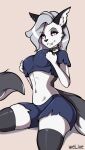  anthro black_nose bottomwear canid canid_demon clothing collar demon female grey_hair hair hellhound helluva_boss hi_res looking_at_viewer loona_(helluva_boss) mammal pinup pose smile solo spikes torn_clothing welive 