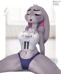  absurd_res anthro belly big_breasts breasts clothing collarbone disney elysianelly female hare hi_res judy_hopps lagomorph leporid mammal navel rabbit sport spread_legs spreading stretching thick_thighs uniform volleyball zootopia 