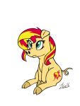  3:4 blonde_hair cloven_hooves curled_tail cutie_mark domestic_pig equestria_girls eyelashes female feral green_eyes hair hasbro hooves mammal multicolored_hair my_little_pony red_hair signature simple_background sitting snout solo suid suina sunset_shimmer_(eg) sus_(pig) white_background zoarvek 