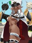  1girl absurdres bandages belt beltbra breasts cape clover crop_top dark-skinned_female dark_skin feet_out_of_frame female_pubic_hair four-leaf_clover from_side gloves guilty_gear guilty_gear_strive hair_between_eyes hair_over_one_eye hat highres long_hair midriff multiple_belts navel platinum_blonde_hair pubic_hair pulled_by_self ramlethal_valentine shaded_face skindentation skullworms solo stomach sword thick_thighs thigh_strap thighs underboob weapon white_cape white_gloves yellow_eyes 