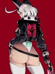  1girl absurdres ahoge animal_ears ass ass_focus belt black_jacket blue_eyes bracelet breasts butt_crack chain cleavage clover collar cowboy_shot cropped_jacket elphelt_valentine four-leaf_clover from_behind guilty_gear guilty_gear_xrd gun hairband hand_on_hip handgun heart highleg highres holding holding_weapon jacket jewelry large_breasts looking_back red_background short_hair silver_hair skullworms spiked_bracelet spiked_collar spiked_hairband spikes thighhighs weapon white_legwear 