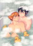  2boys ainudraws bangs bath bird black_eyes black_hair blue_eyes duck haikyuu!! highres hinata_shouyou kageyama_tobio looking_at_viewer male_focus multiple_boys nipples nude open_mouth orange_eyes orange_hair short_hair simple_background smile yaoi 