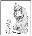  2019 5_fingers anthro bangs blunt_bangs breasts claws closed_smile clothing container cross-hatching cup cute_fangs digital_media_(artwork) domestic_cat drawstring felid feline felis female fingers hair hatching_(art) holding_cup holding_object hoodie mammal monochrome pupils ricksteubens shaded short_hair simple_background slit_pupils smile solo steam topwear white_background 