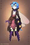  anthro arthropod bedsheetwalking bee binder blue_hair bottomwear chest_binder clothing coat feelers hair hi_res hymenopteran insect ivory_(helios) leather leather_clothing leather_coat leather_topwear pirate red_bottomwear red_clothing red_skirt skirt stinger topwear 