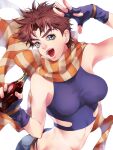  1girl bare_shoulders battle_tendency blue_eyes bottle breasts brown_hair cola crop_top denim denim_shorts fingerless_gloves gloves holding holding_bottle jojo_no_kimyou_na_bouken joseph_joestar joseph_joestar_(young) midriff orange_scarf samuraisamurai scarf short_hair shorts soda_bottle solo striped striped_scarf vertical-striped_scarf vertical_stripes yellow_scarf 