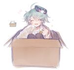  1boy blue_hair blush box bunny cat closed_eyes hat highres holostars in_box in_container kagami_kira pale_skin short_twintails smile solo tehnyo twintails virtual_youtuber waving 