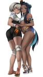  2girls aqua_eyes aqua_hair armlet ass asymmetrical_docking bangs bare_arms bare_legs bare_shoulders bea_(pokemon) belly_chain bike_shorts black_bodysuit black_hair black_hairband bodysuit bodysuit_under_clothes breast_press breasts dark-skinned_female dark_skin earclip earrings eyeshadow from_behind from_side full_body gloves grey_eyes grey_hair hair_between_eyes hair_bun hairband hand_on_own_ass highres hoop_earrings jewelry knee_pads kneepits long_hair looking_at_viewer looking_back makeup medium_breasts medium_hair multicolored_hair multiple_girls navel necklace nessa_(pokemon) no_pants open_mouth parted_lips partially_fingerless_gloves pokemon pokemon_(game) pokemon_swsh print_shirt sandals shirt short_hair simple_background small_breasts smile sockinajar soles standing stomach swimsuit tan tankini tied_shirt twisted_torso two-tone_hair v-shaped_eyebrows very_long_hair white_background wristband 