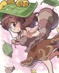  1girl :3 bell blush brown_eyes brown_hair brown_shirt brown_skirt closed_mouth eyebrows_visible_through_hair futatsuiwa_mamizou glasses green_headwear hat jingle_bell leaf raccoon_tail rokugou_daisuke shirt short_hair short_sleeves skirt smile solo tail touhou 