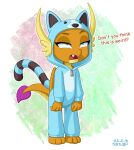  2022 anthro blue_eyes clothing cosplay dialogue dragon dreamworks eyebrows eyelashes fangs female friendship_is_magic hoodie horn kigurumi my_little_pony open_mouth pajamas smolder_(mlp) solo the_bad_guys topwear unamused uotapo 