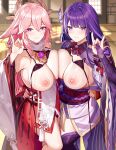  2girls akusema animal_ears asymmetrical_docking bangs bikini bikini_top_only blunt_bangs blurry blurry_background blush breast_press breasts bridal_gauntlets cherry_blossom_print closed_mouth earrings eyebrows_visible_through_hair floppy_ears floral_print fox_ears fox_shadow_puppet genshin_impact hair_between_eyes hair_ornament hand_up highres japanese_clothes jewelry kimono large_breasts long_hair looking_at_viewer multicolored_clothes multicolored_kimono multiple_girls neck_ribbon nervous_smile nipples obi pink_hair purple_eyes purple_hair purple_kimono purple_legwear raiden_shogun raised_eyebrows red_kimono ribbon sash single_earring smile sweat swimsuit tassel tatami thighhighs torso_grab untied untied_bikini very_long_hair vision_(genshin_impact) white_kimono wide_sleeves window yae_miko 