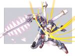  blue_eyes border crossbone_gundam crossbone_gundam_x-3 glowing glowing_eyes grey_background gundam highres holding holding_sword holding_weapon mecha mobile_suit open_hand outside_border science_fiction skull solo sword takahashi_masaki thrusters v-fin weapon white_border 