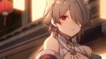  1girl bangs bare_shoulders brown_dress brown_hair china_dress chinese_clothes chinese_new_year city_lights de_da_xianyu dress earrings flower grin hair_flower hair_ornament hair_over_one_eye highres honkai_(series) honkai_impact_3rd jewelry lantern looking_at_viewer mole mole_under_eye night night_sky outdoors purple_eyes rita_rossweisse rita_rossweisse_(artemis) sky smile teeth twintails white_flower 