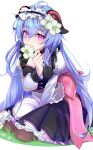  1girl 480391 absurdres ahoge alternate_costume alternate_hairstyle bangs blue_hair blush bow breasts eyebrows_visible_through_hair flower ganyu_(genshin_impact) genshin_impact hair_flower hair_ornament highres holding holding_flower horns long_hair looking_at_viewer medium_breasts purple_eyes qingxin_flower sitting smile solo very_long_hair wariza white_background white_flower 