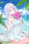  1girl bangs breasts cloud covered_navel dress eyebrows_visible_through_hair flower grey_dress halter_dress halterneck head_tilt highres holding holding_flower long_hair looking_at_viewer medium_breasts nerusu ocean partially_submerged pink_flower qualia_qu re:act sitting sky solo thai_commentary very_long_hair virtual_youtuber white_flower white_hair yellow_eyes 
