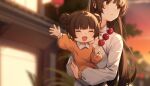  2girls :d architecture bangs blurry brown_eyes brown_hair carrying carrying_person china_dress chinese_clothes chinese_new_year closed_eyes closed_mouth cloud cloudy_sky dango de_da_xianyu double_bun dress east_asian_architecture food highres holding holding_food honkai_(series) honkai_impact_3rd long_hair long_sleeves mother_and_daughter multiple_girls night night_sky open_mouth original shirt sky smile sunset wagashi yellow_shirt 