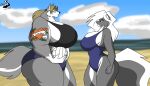  absurd_res anthro ball beach big_breasts breasts canid canine canis chrisandcompany clothing cloud female hi_res huge_breasts kelsey_sienna mammal mephitid seaside skunk sky solo sophia_(xxsparcoxx) swimwear volleyball_(ball) wolf 