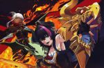  2girls black_hair dark_elf dark_skin dnf_duel dragon dragon_knight_(dungeon_and_fighter) dual_wielding dungeon_and_fighter elbow_gloves elf fingerless_gloves fire gloves highres holding horns knight_(dungeon_and_fighter) kunai kunoichi_(dungeon_and_fighter) long_hair multicolored_hair multiple_girls outstretched_arm pink_hair pointy_ears red_scarf scarf shield sleeveless small_dragon sword thief_(dungeon_and_fighter) weapon white_hair 