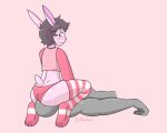  5:4 anon anthro blue_eyes clothed clothing crop_top crossdressing embarrassed faceless_character faceless_male facesitting fur girly hair hi_res koi(bunny) lagomorph legwear leporid male mammal marcko_(srmko) pink_body pink_fur rabbit shirt simple_background solo thigh_highs topwear 
