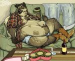  alcohol belly_overhang beverage body_hair boots burgers candle chest_hair clothing cowboy_boots dewlap_(anatomy) double_chin eyewear feeding first_person_view flannel_shirt footwear furniture glasses happy_trail hyaenid lounging male mammal moobs obese obese_male overweight overweight_male sofa solo southernyote stuffing_(food) underwear wine wine_bottle 