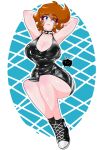  black_footwear blue_eyes breasts drawing dress highres large_breasts night nightclub orange_hair punk thick_eyebrows thighs 