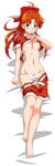  1girl absurdres ahoge bangs barefoot blush breasts clothes_pull dakimakura_(medium) eyebrows_visible_through_hair full_body green_eyes hair_ribbon high_ponytail highres long_hair looking_at_viewer mana_(super_real_mahjong) non-web_source official_art panties pants pants_pull photoshop_(medium) ribbon smile solo super_real_mahjong tanaka_ryou underboob underwear white_panties 