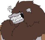  2019 anthro brown_body brown_fur brown_hair dialogue english_text fur grin hair hair_over_eyes kace_(vdisco) male mammal mane mane_hair muscular muscular_anthro muscular_male primate sharp_teeth simple_background smile solo speech_bubble teeth text vdisco white_background 